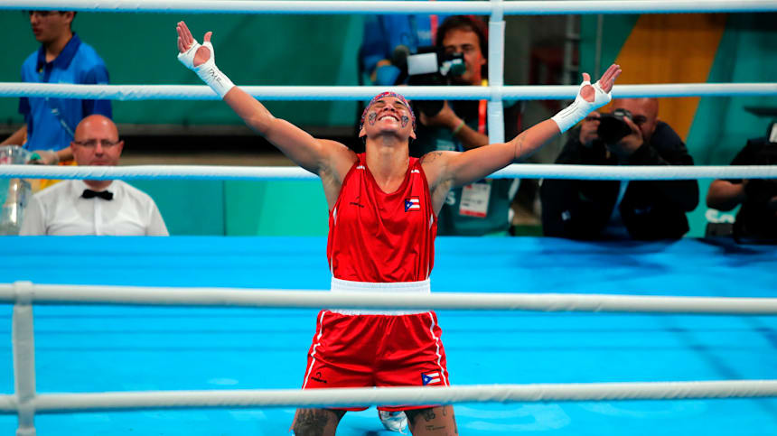 Ashleyann Lozada, de Puerto Rico, celebra su victoria en cuartos de final de Santiago 2023.