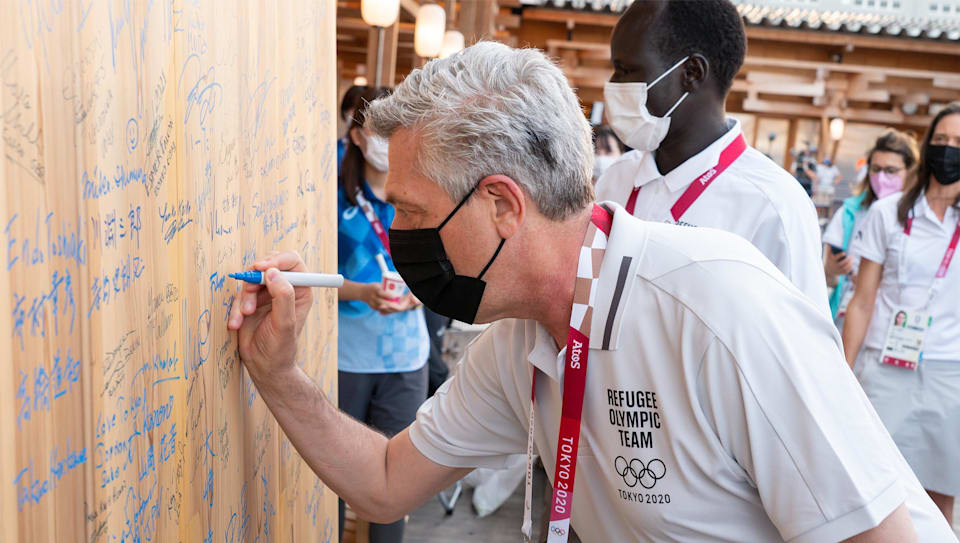 Members of the Olympic Refugee Team at the Olympic Village in Tokyo