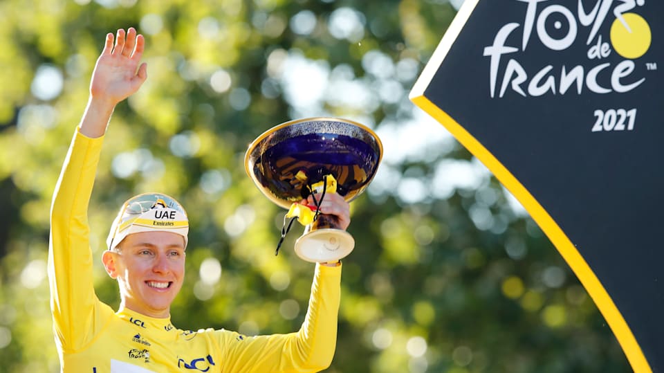 Tadej Pogacar celebrates overall victory at 2021 Tour de France