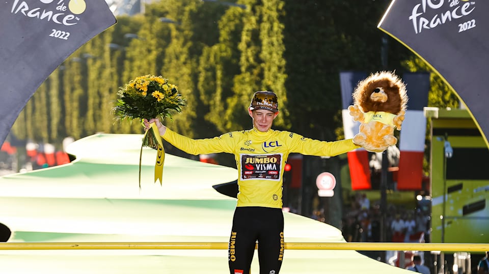Jonas Vingegaard on the podium in Paris at the Tour de France 2022