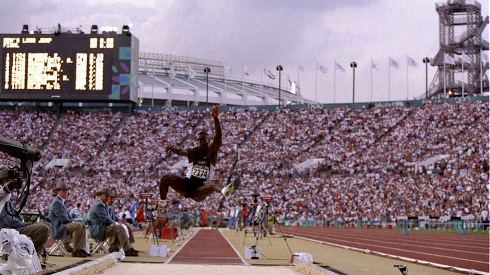 USA's Carl Lewis in the long jump at the Atlanta 1996 Olympics.