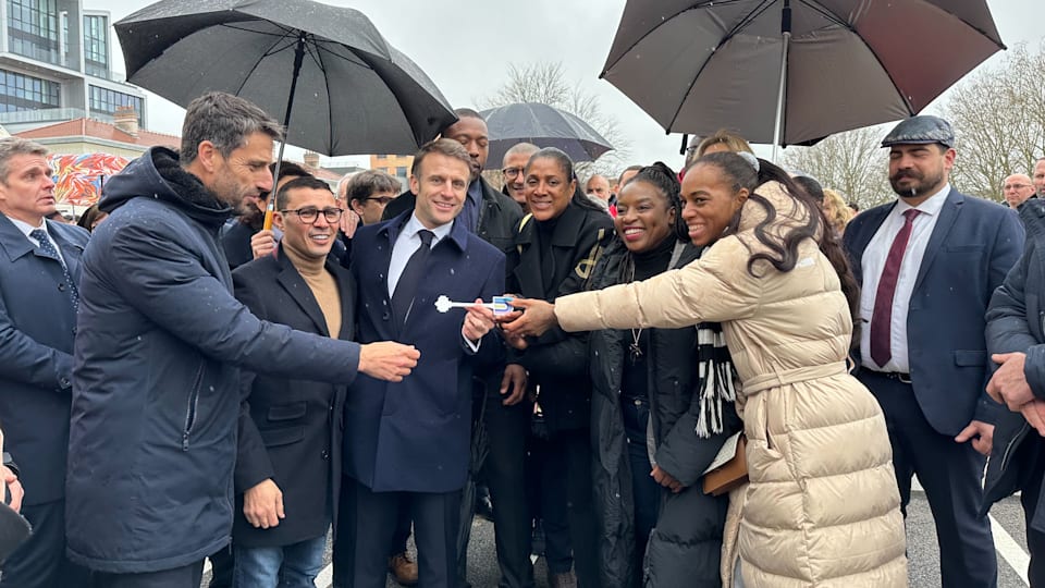 France President Emmanuel Macron at the inauguration of Paris 2024 Athlete Village