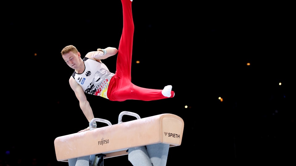 ANTWERP, BELGIUM - OCTOBER 07: Nils Dunkel of Team Germany competes during the Men's Pommel Horse Final on Day Eight of the 2023 Artistic Gymnastics World Championships at Antwerp Sportpaleis on October 07, 2023 in Antwerp, Belgium. (Photo by Naomi Baker/Getty Images)