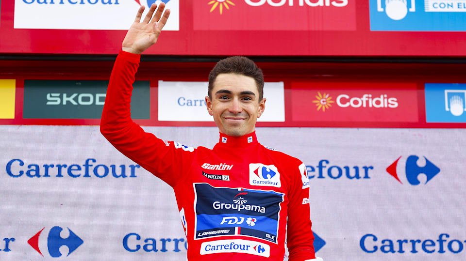 Lenny Martinez wearing the red jersey after the 6th stage of La Vuelta 