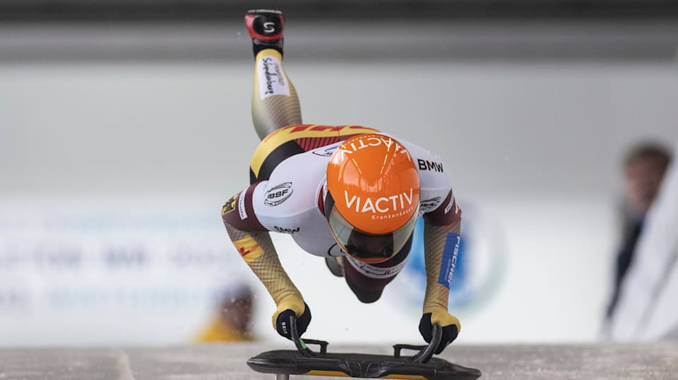 Hannah Neise of Germany in action during the third run of the Women's Skeleton competition at the BMW IBSF Bobsleigh And Skeleton World Championship at Veltins Eis-Arena on February 23, 2024 in Winterberg