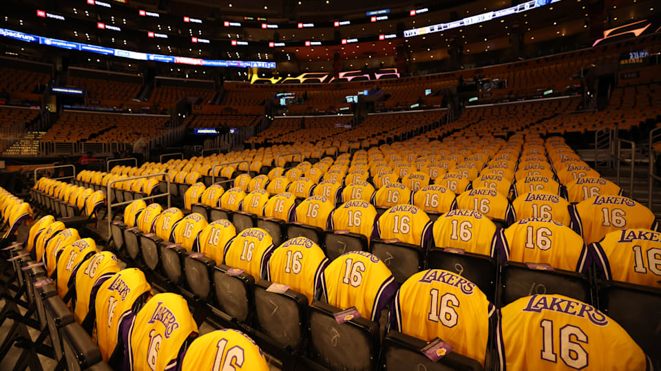 The retired jerseys of the Los Angeles Kings hang in the Staples News  Photo - Getty Images