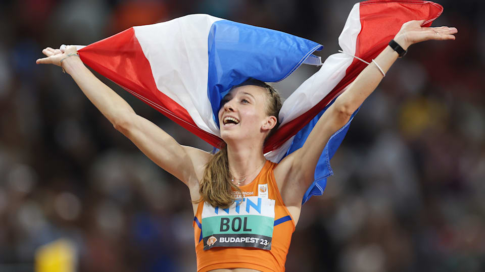 Femke Bol celebrating with flag - 2023 World Championships