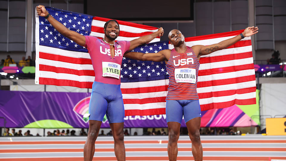 Christian Coleman and Noah Lyles celebrate a USA 1-2 in the men's 60m at the Glasgow 2024 World Athletics Indoor Championships