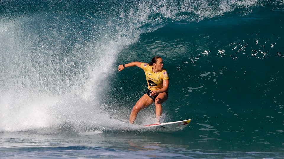 Five-time WSL Champion Carissa Moore of Hawaii surfs during the semfinal of the Oi Rio Pro 2022 at Itauna Beach on June 28, 2022 in Saquarema, Brazil.