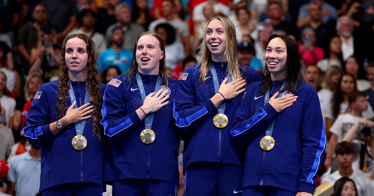 Tous les résultats de la victoire des Américaines au relais 4x100m quatre nages, établissant un nouveau record du monde