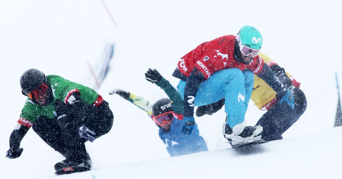 The rivals of Jarryd Hughes (Australia) for the gold in snowboarding cross