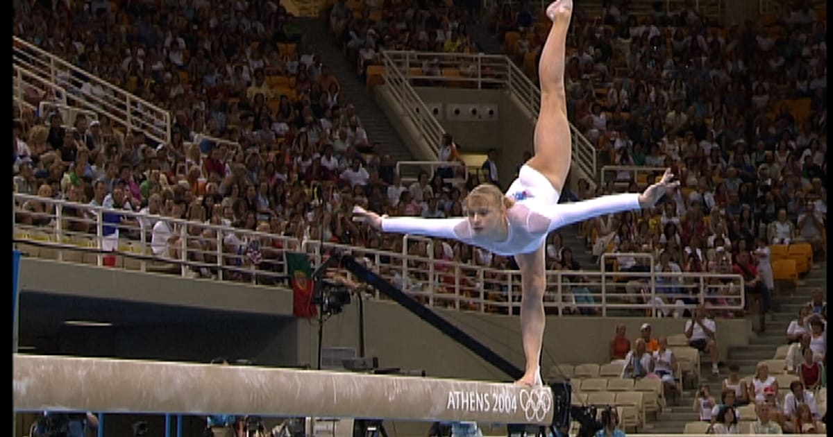 Ukraine on balance beam during the 2004 Olympic team gymnastics final