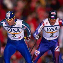 Mika Myllyla of Finland on his way to the silver medal in the mens 15km cross country event of the Nordic World Skiing Championships in Trondheim, Norway